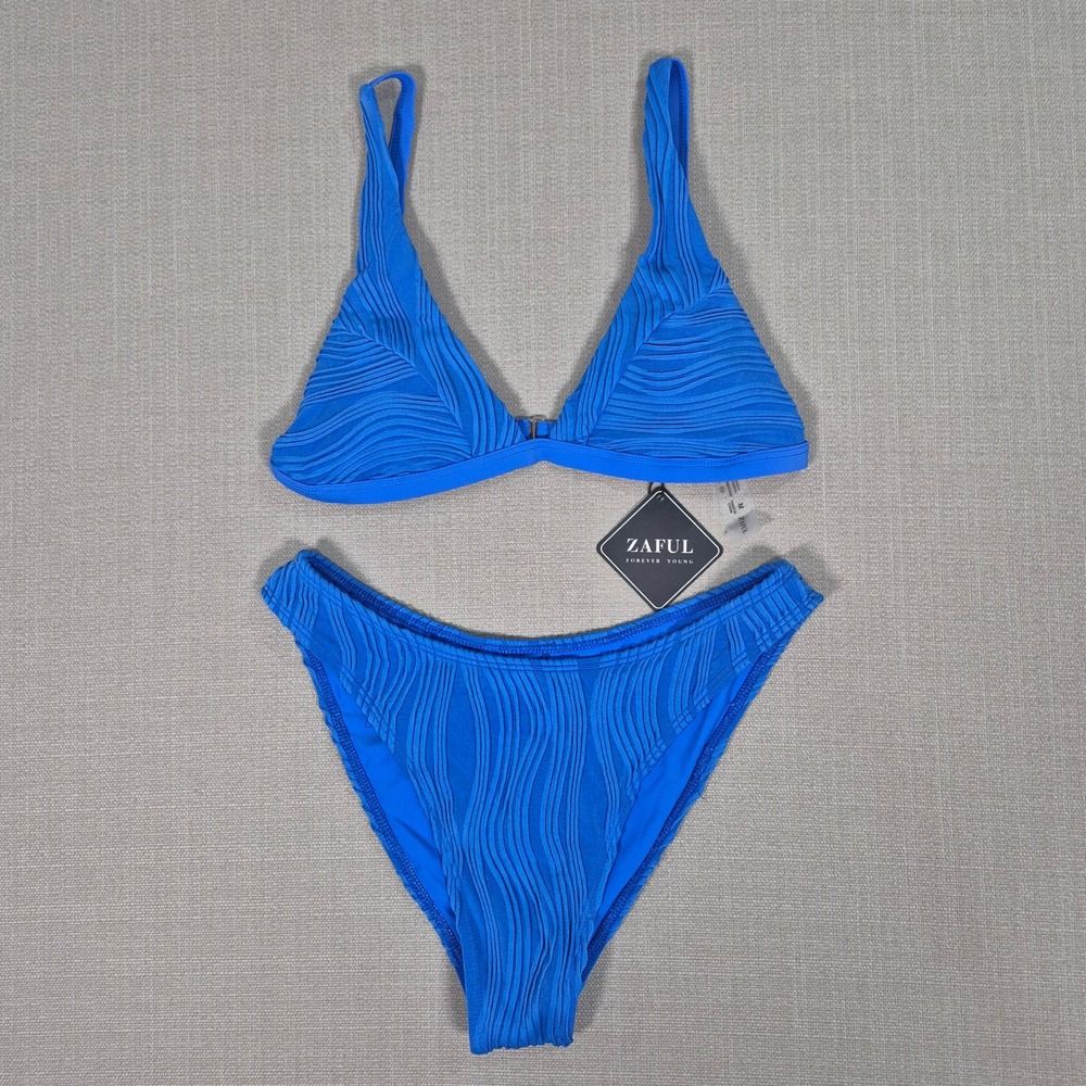 Zaful Women Blue Textured Wavy Triangle Bikini Set Two Piece Swimsuit Size M NWT